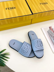 FENDI LOGO SLIDES IN BLUE POWDER CALFSKIN