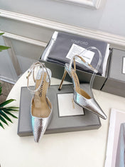 HIGH SLINGBACKS 10 CM IN SILVER SNAKE-PATTERN CALFSKIN