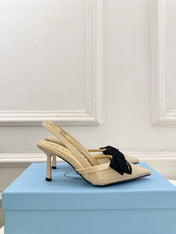 PRADA 26S POINTED-TOE SLINGBACK HEELS 75MM IN BEIGE MESH WITH BLACK BOW