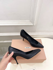 MIUMIU 26S POINTED TOE HIGH HEELS 85MM IN BLACK CALFSKIN