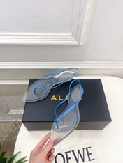 ALAIA 26S POINTED-TOE THONG SANDALS IN BLUE SATIN AND TRANSPARENT PVC