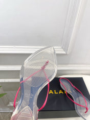 ALAIA 26S POINTED-TOE THONG SANDALS IN DARK PINK SATIN AND TRANSPARENT PVC