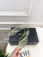 ALAIA 26S POINTED-TOE THONG SANDALS IN LIGHT YELLOW SATIN AND TRANSPARENT PVC