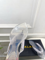 ALAIA 26S THONG SANDALS IN PEARL GREY SATIN AND TRANSPARENT PVC