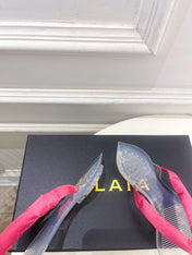 ALAIA 26S THONG SANDALS IN DARK PINK SATIN AND TRANSPARENT PVC