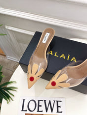 ALAIA 26S MULE HEELS 55 MM IN BEIGE LAMBSKIN AND TRANSPARENT PVC