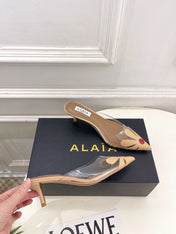 ALAIA 26S MULE HEELS 55 MM IN BEIGE LAMBSKIN AND TRANSPARENT PVC