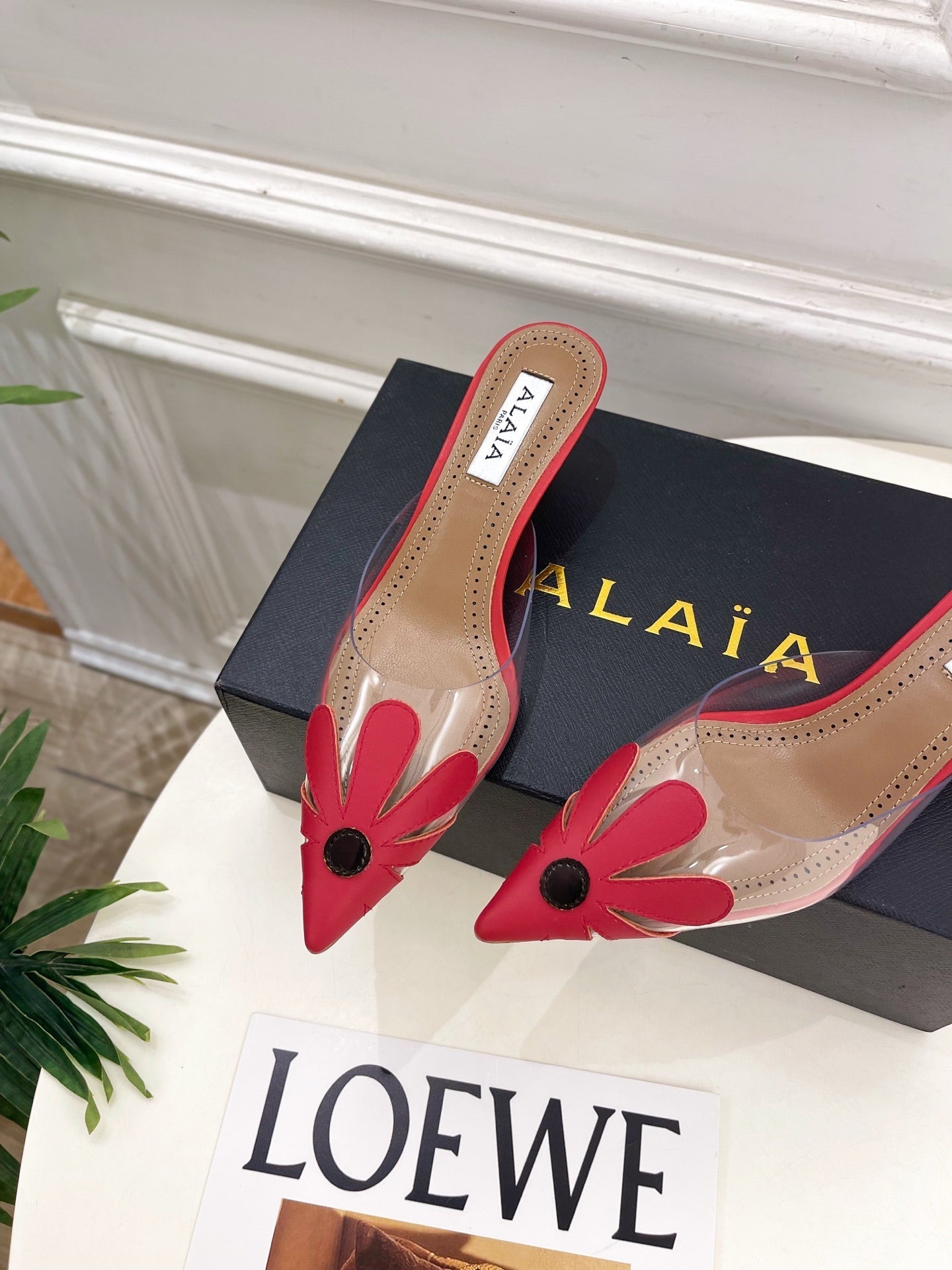 ALAIA 26S MULE HEELS 55 MM IN DARK RED LAMBSKIN AND TRANSPARENT PVC