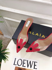 ALAIA 26S MULE HEELS 55 MM IN DARK RED LAMBSKIN AND TRANSPARENT PVC