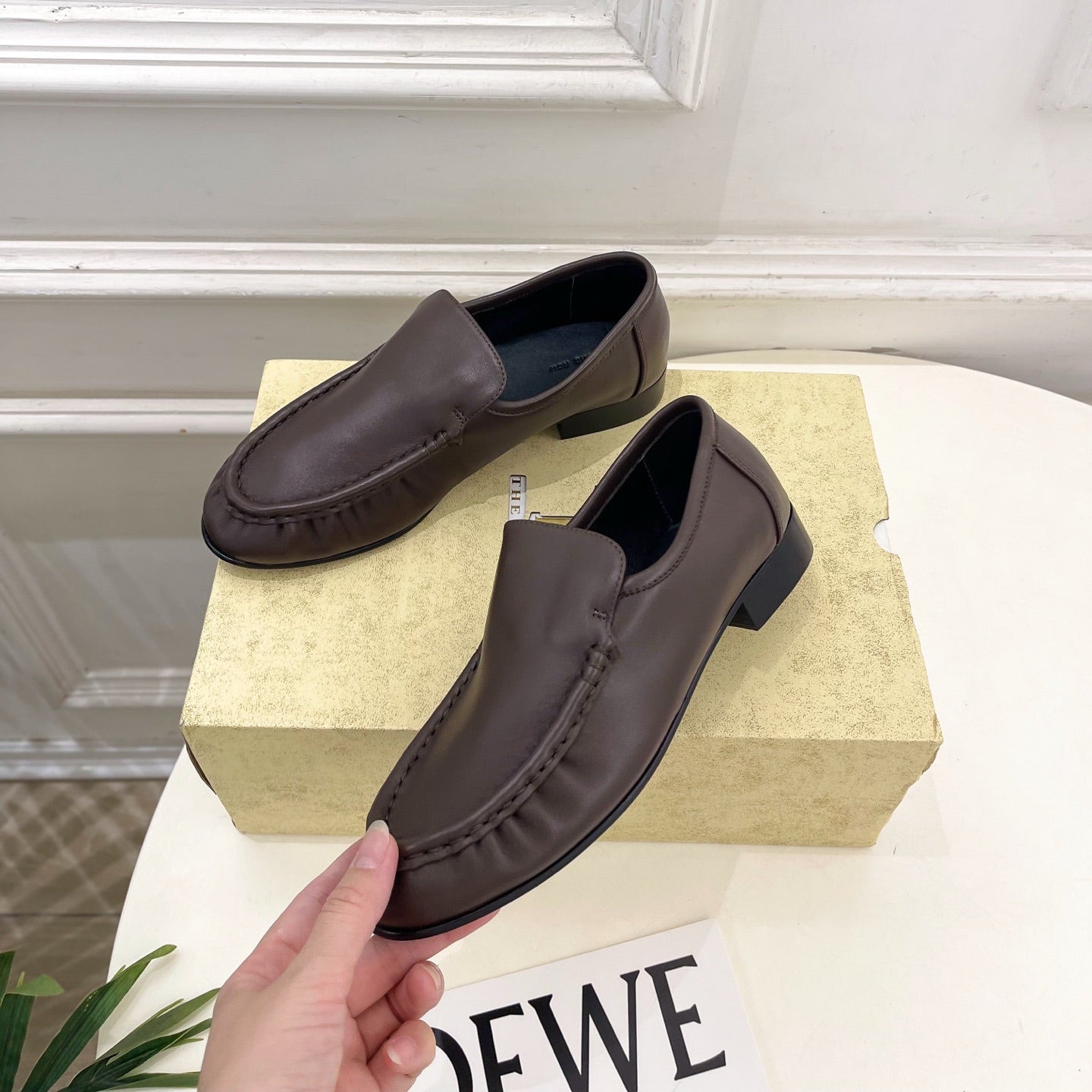 THE ROW 26S MOCCASIN LOAFERS 20MM IN BROWN CALFSKIN