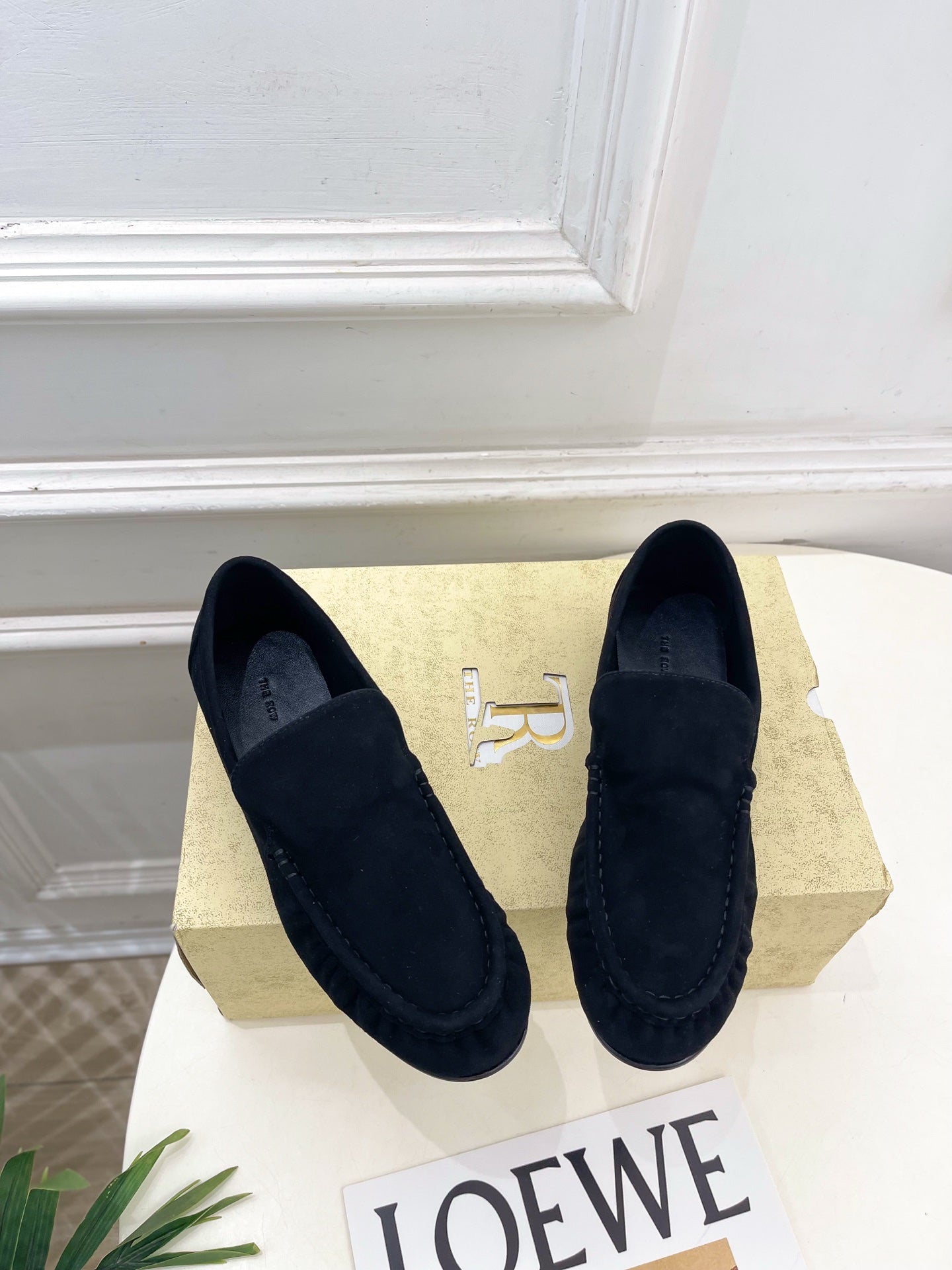 THE ROW 26S MOCCASIN LOAFERS 20MM IN BLACK SUEDE