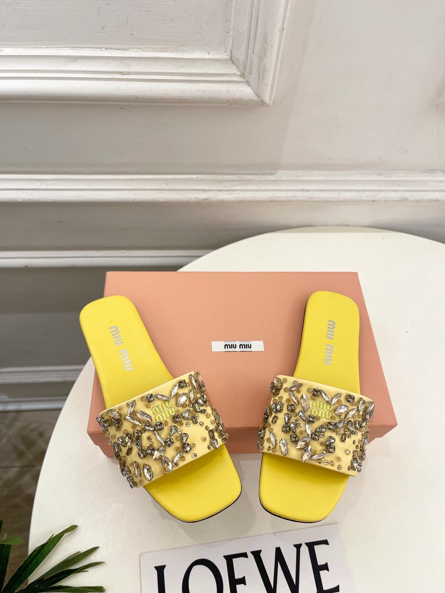 MIUMIU 26S SLIDES IN YELLOW SATIN CRYSTAL EMBELLISHED