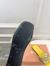 MIUMIU 26S SLIDES IN YELLOW SATIN CRYSTAL EMBELLISHED