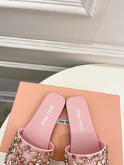 MIUMIU 26S SLIDES IN LIGHT PINK SATIN CRYSTAL EMBELLISHED