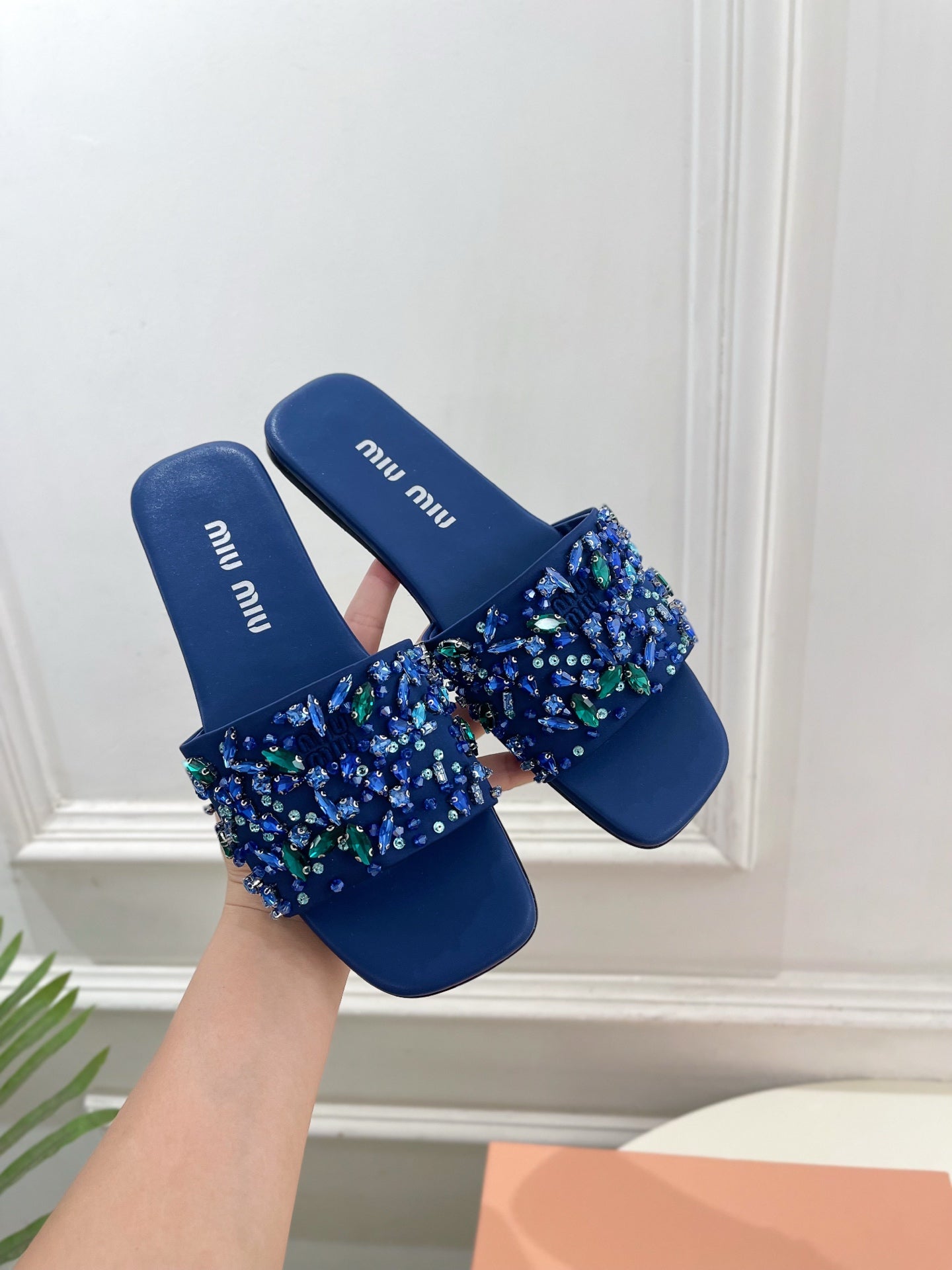 MIUMIU 26S SLIDES IN ROYAL BLUE SATIN CRYSTAL EMBELLISHED