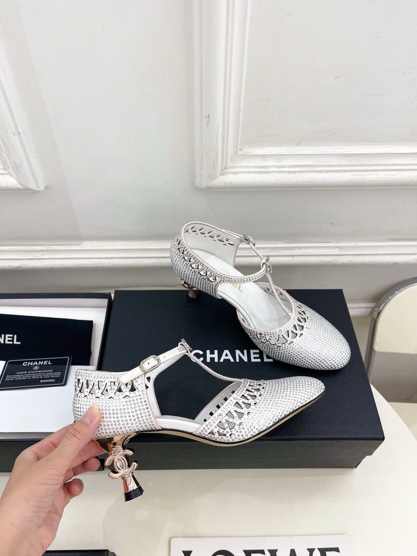 CHANEL 26S HIGH HEELS 65 MM IN WHITE WITH CRYSTAL EMBELLISHMENTS