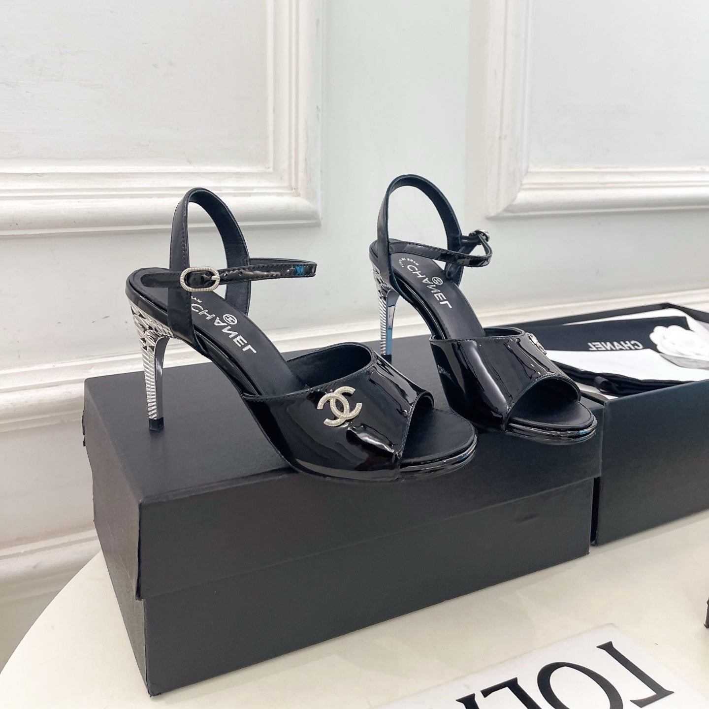 CHANEL 26S HIGH HEEL SLINGBACK SANDALS 90 MM IN BLACK PATENT