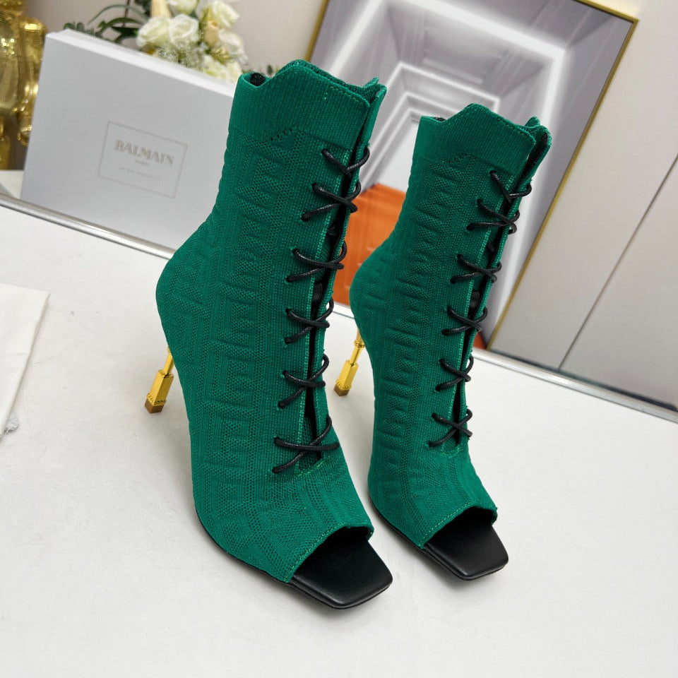 BALMAIN 26S LACE UP OPEN TOE BOOTS 95 MM IN GREEN FLYKNIT