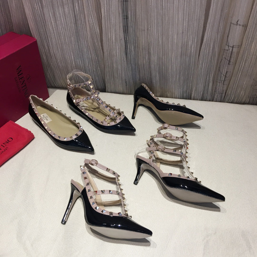 ROCKSTUD CAGED PUMP 65MM IN BLACK MIX LIGHT PINK PATENT CALFSKIN